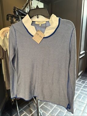 Rani Arabella Blue & White Mini-Stripe Crewneck Sweater